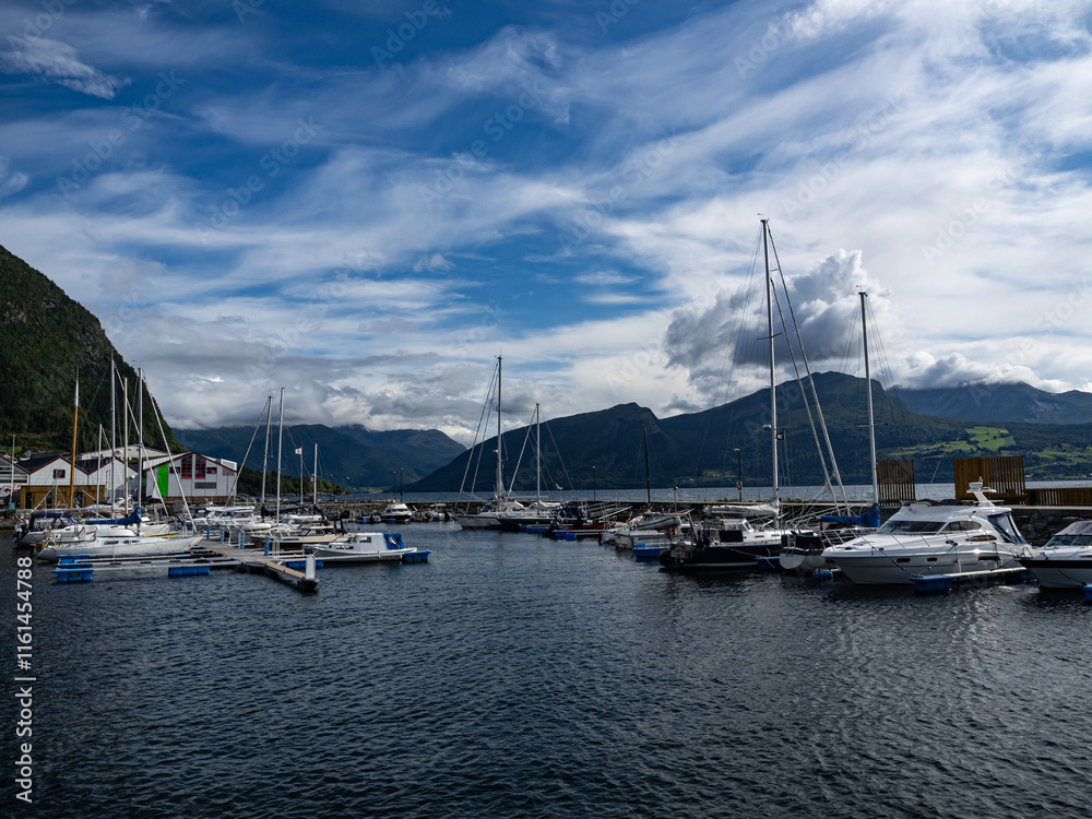 Naklejka premium Photo of the village and port of Volda, municipality in the province of More og Romsdal, Norway.