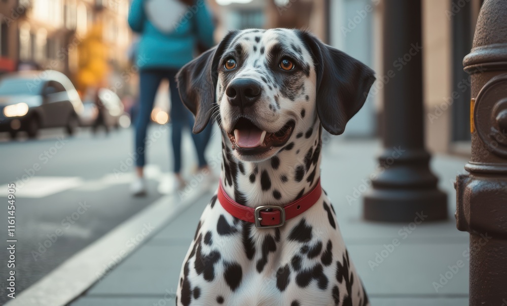 Playful Dalmatian enjoying a city stroll Playful Dalmatian enjoying a city stroll