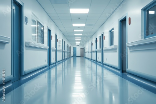 Long hospital corridor lit with blue light and multiple doors