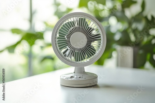 A sleek white desk fan sits on a table, providing a cool breeze amidst lush green plants in the background. photo