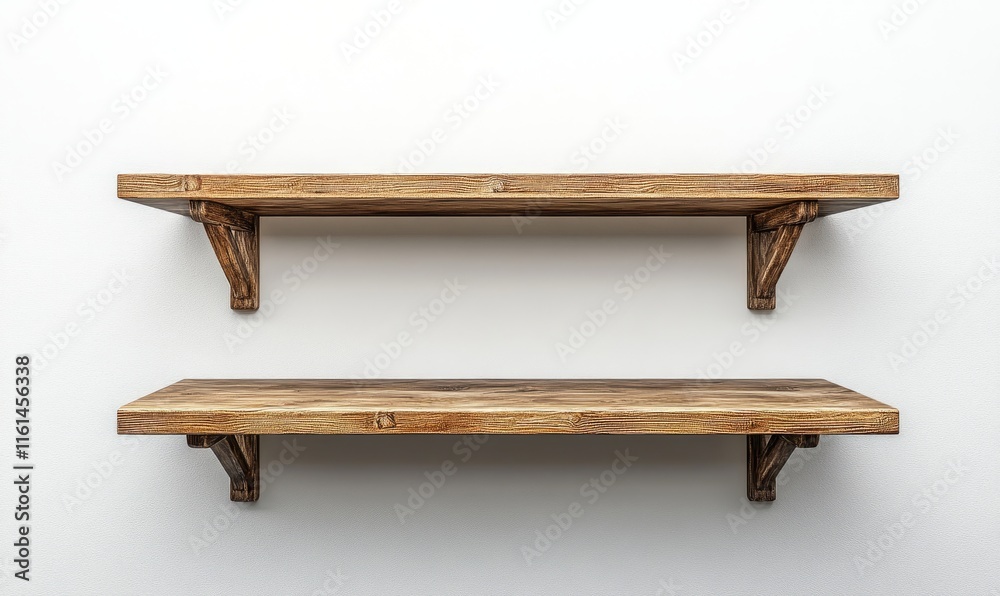 Stylish Wooden Shelves with Rustic Brackets Against a Minimalist Background Stylish Wooden Shelves with Rustic Brackets Against a Minimalist Background