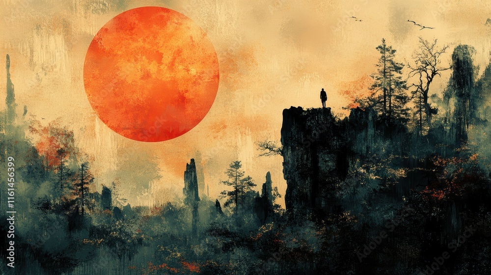 A solitary figure on a rugged cliff overlooks a breathtaking landscape during sunset with a prominent red sun, silhouetted trees, and a mysterious ambiance