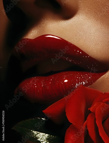 Portrait of beautiful woman with red lips and perfect manicure, skin care concept, beauty photography, Generative AI