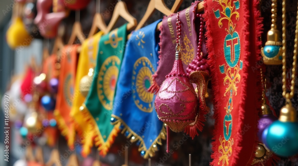 Naklejka premium colorful Purim decorations, featuring vibrant banners, masks, and festive ornament