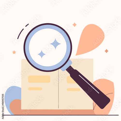 Magnifying glass over open book, reading concept, knowledge exploration, vector illustration