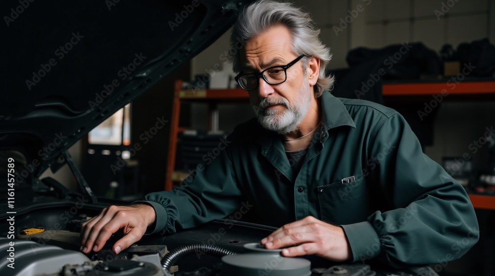 Senior Auto Technician Examining Vehicle Senior Auto Technician Examining Vehicle