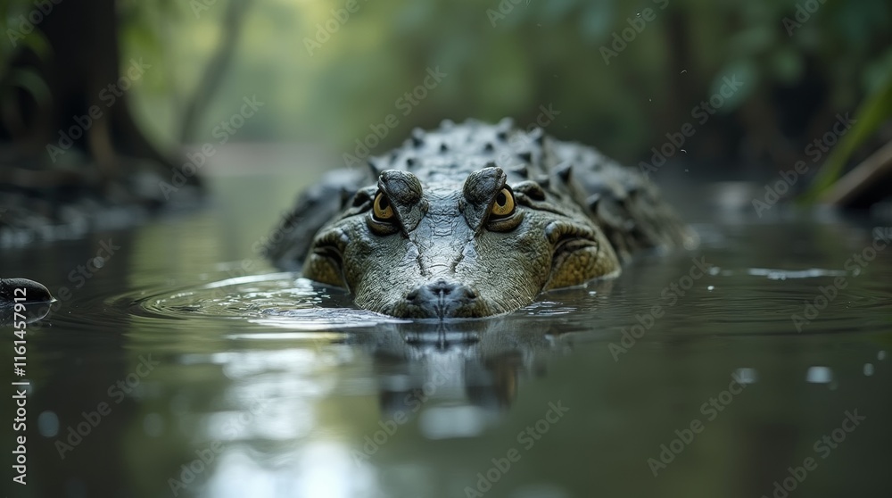 crocodile partially submerged in a calm river, only its eyes and snout visible above the water crocodile partially submerged in a calm river, only its eyes and snout visible above the water