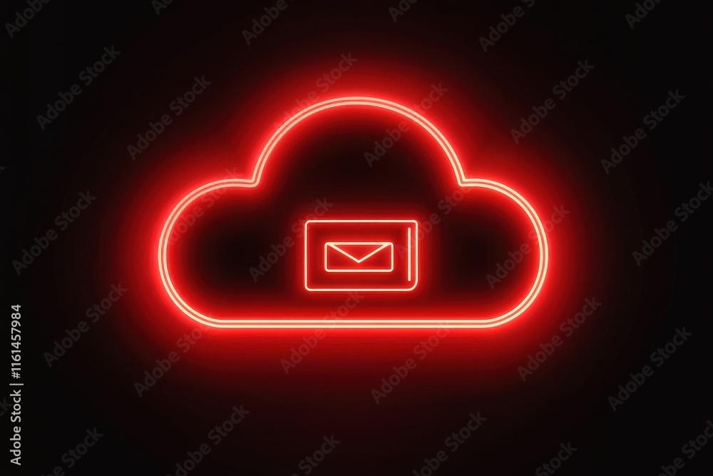 Stylized neon red cloud symbol with an envelope, representing email and cloud storage concepts. Stylized neon red cloud symbol with an envelope, representing email and cloud storage concepts.