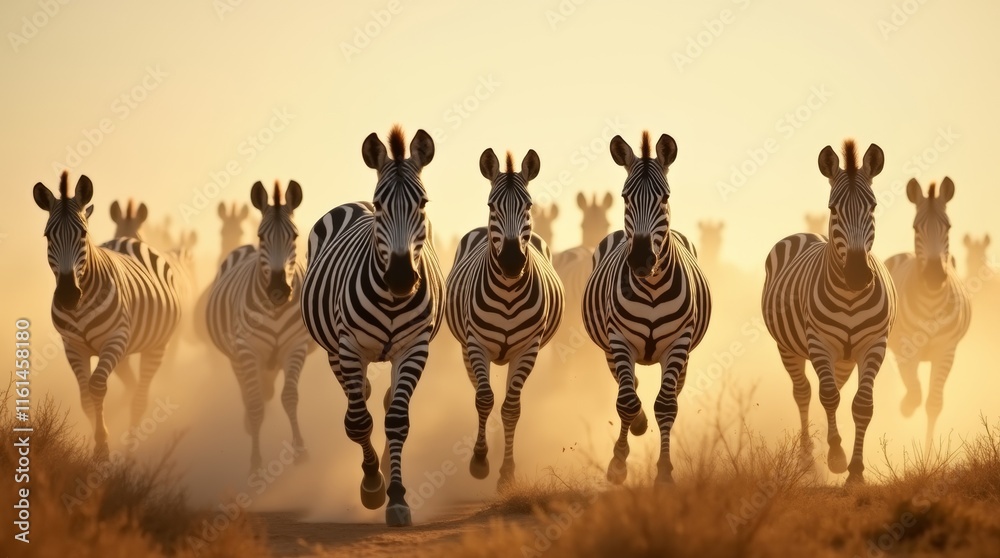 Fototapeta premium zebras running across a dusty savannah