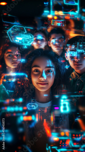 Engaging young minds immersed in futuristic technology at a vibrant digital showcase in an urban setting