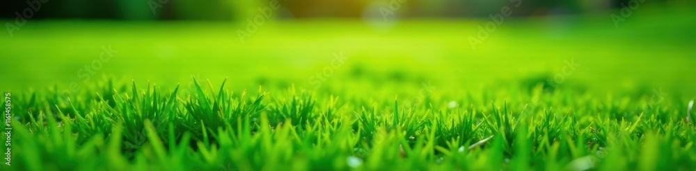 Fototapeta premium a close-up shot of a well-manicured green lawn with a subtle hint of sunlight filtering through, outdoor texture, lush, leafy greens