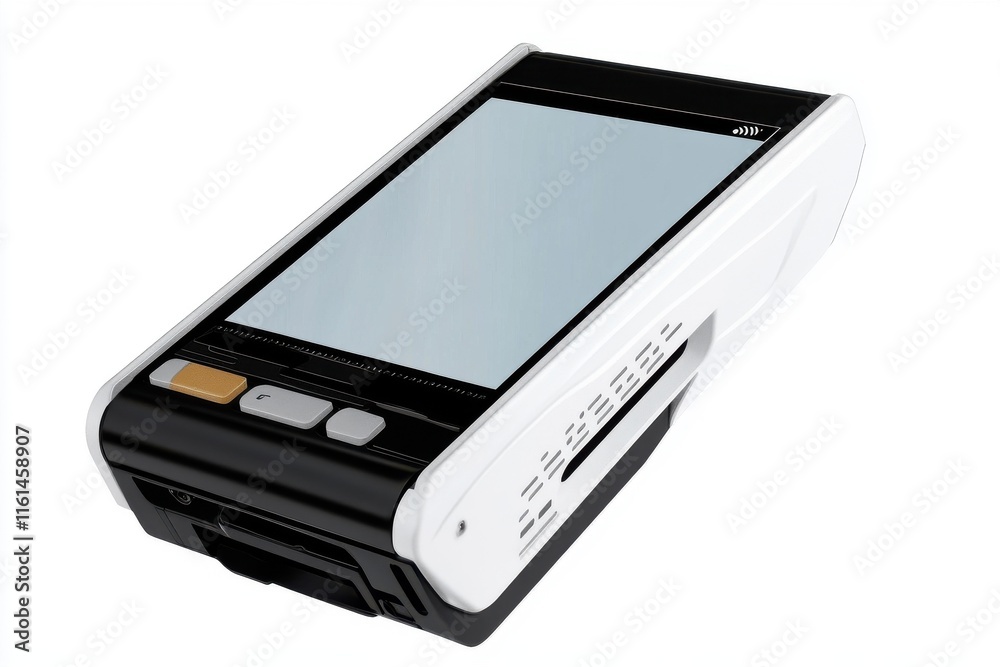 A sleek, portable credit card terminal with a modern design and touchscreen display. A sleek, portable credit card terminal with a modern design and touchscreen display.
