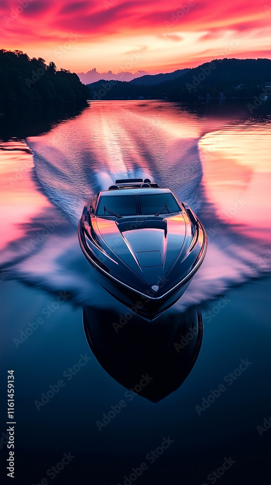 Obraz premium Majestic speedboat glides across tranquil waters under a stunning sunset sky reflecting vibrant colors