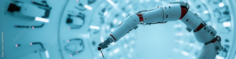 A robot is in a tunnel with a blue background. The robot is white and red A robot is in a tunnel with a blue background. The robot is white and red