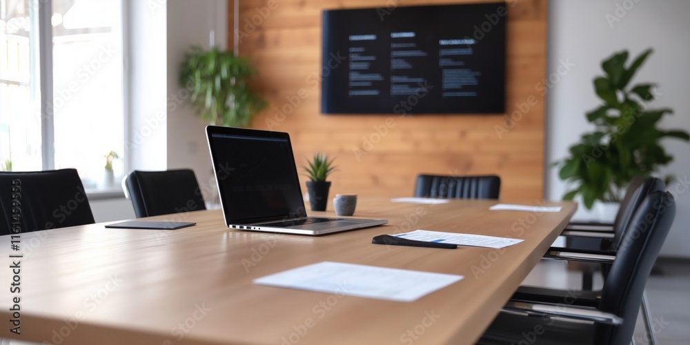 A wooden table with a laptop and a potted plant on it. The table is in a room with a large wall and a TV mounted on it A wooden table with a laptop and a potted plant on it. The table is in a room with a large wall and a TV mounted on it