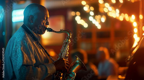 Soulful saxophone melodies fill the air in a cozy jazz club on a warm evening photo