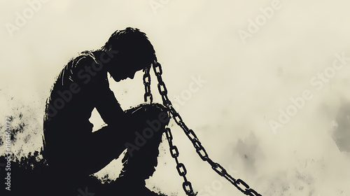 A silhouette of a person bound by chains slumped in despair. Reverberate. Illustration