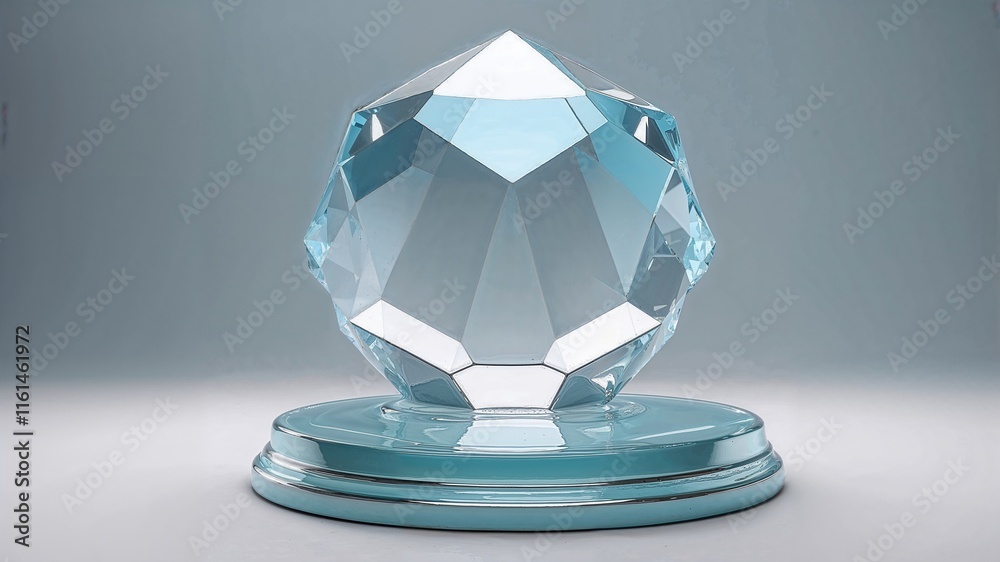 Faceted crystal polyhedron shining on a pedestal, symbolizing excellence Faceted crystal polyhedron shining on a pedestal, symbolizing excellence