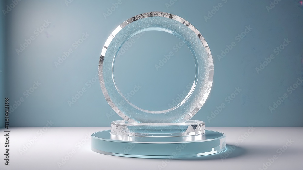 Empty glass podium with big ring on blue background for product presentation Empty glass podium with big ring on blue background for product presentation