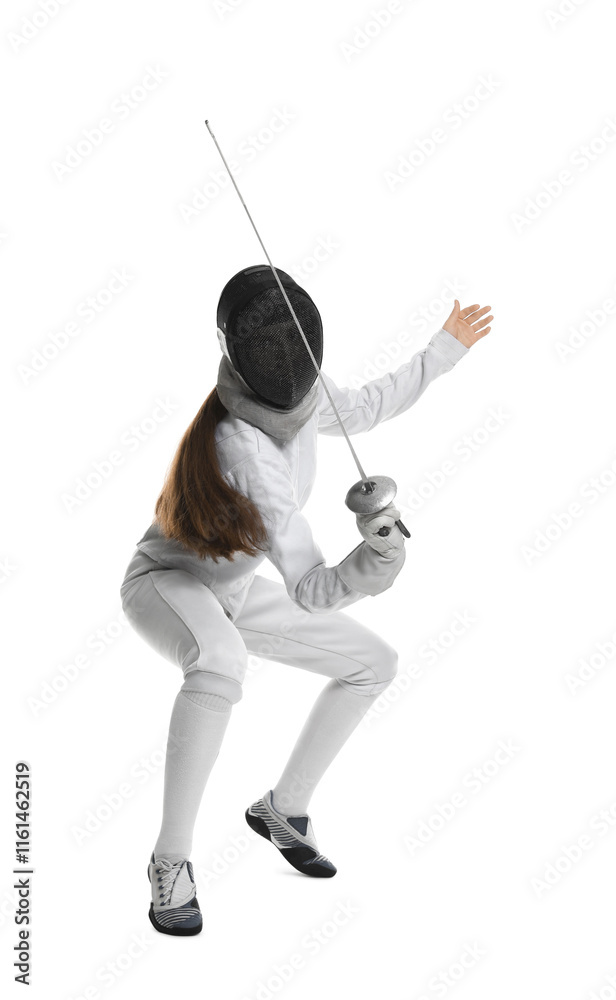 Fencer with epee practicing on white background Fencer with epee practicing on white background