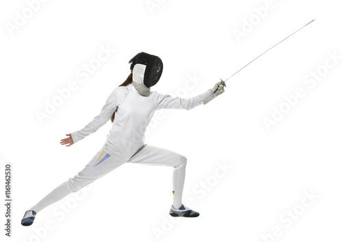 Fencer with epee practicing on white background