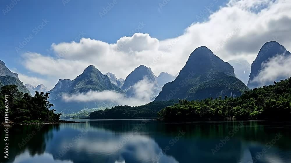 Majestic mountain range reflected on a tranquil lake under a clear blue sky. Majestic mountain range reflected on a tranquil lake under a clear blue sky.