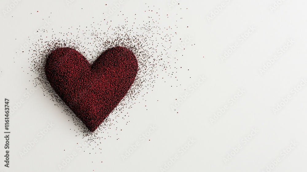 Red heart shape made of textured material, with particles scattered around it on white background. Red heart shape made of textured material, with particles scattered around it on white background.