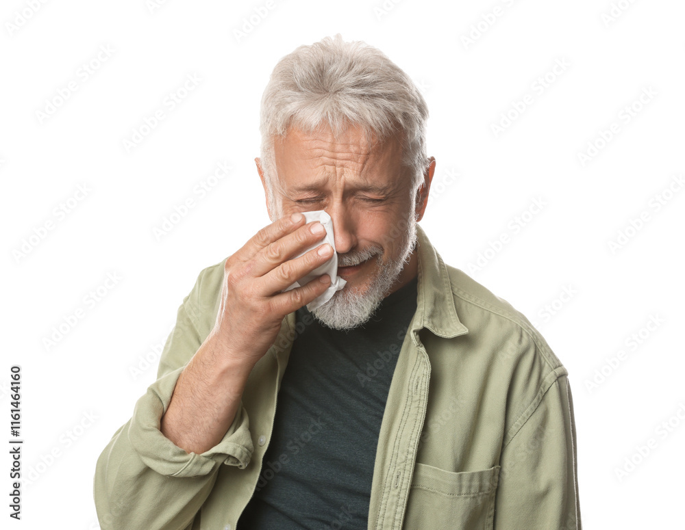 Sad senior man crying on white background Sad senior man crying on white background