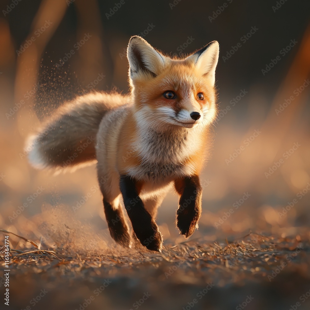 Fototapeta premium Fox kit playfully chasing its tail in circles during warm twilight in a natural setting