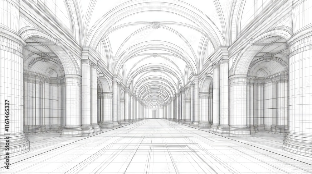 Naklejka premium Blueprint showing long hallway with columns and arches