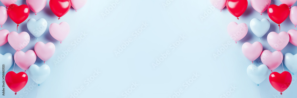 Colorful heart balloons on a serene sight blue background. Gender party concept. Banner Colorful heart balloons on a serene sight blue background. Gender party concept. Banner