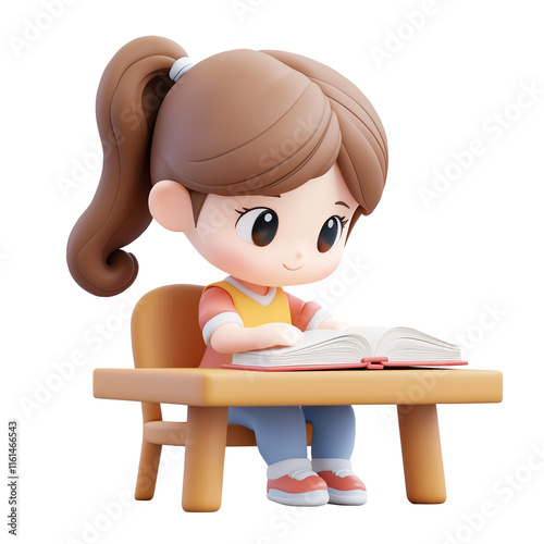 3D render of a cute cartoon girl sitting at a desk reading a book. Isolated on a transparent background. Ideal for educational and learning themes.
