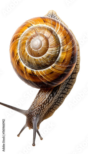 full-body close-up photo of a snail on an isolated white background, capturing its intricate shell