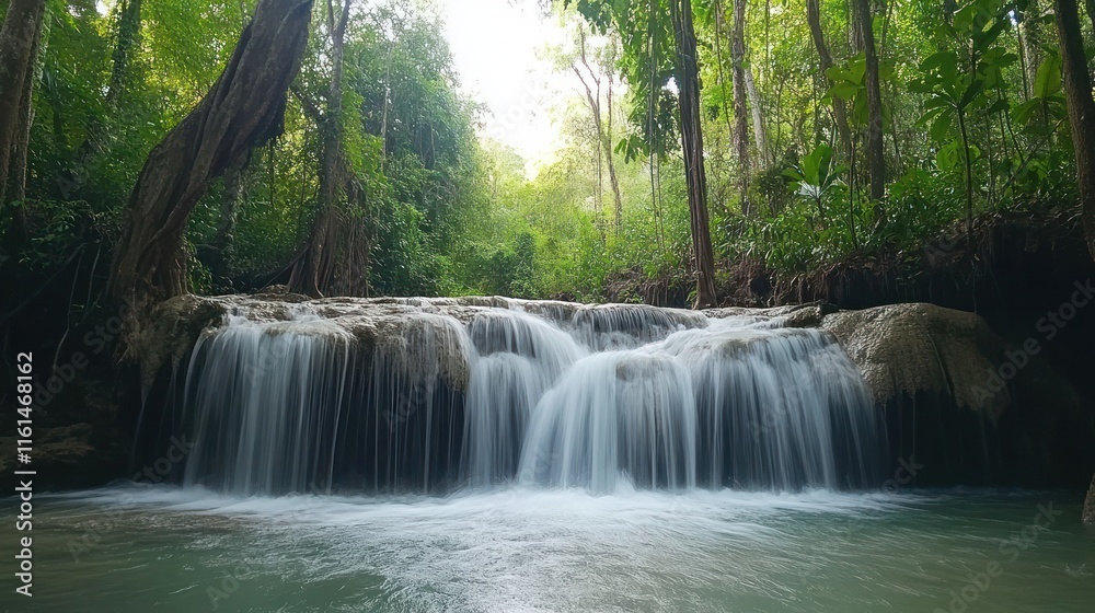 Serene waterfall cascading through lush green jungle foliage. Serene waterfall cascading through lush green jungle foliage.
