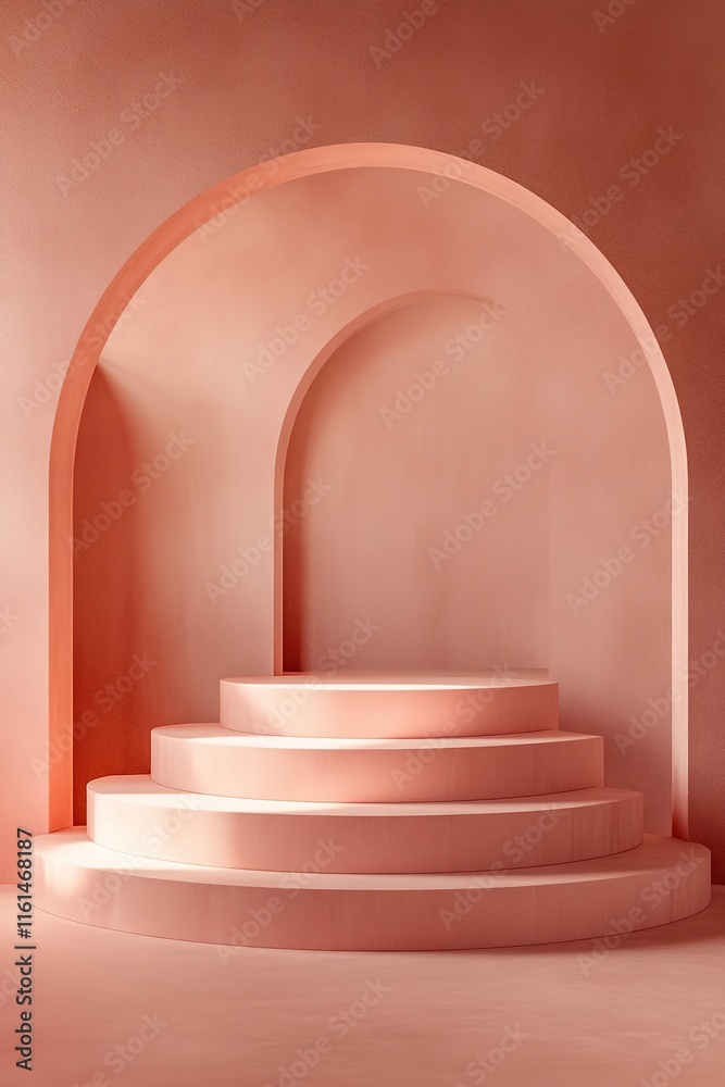 Soft pink tones create serene backdrop with layered steps and ar Soft pink tones create serene backdrop with layered steps and ar