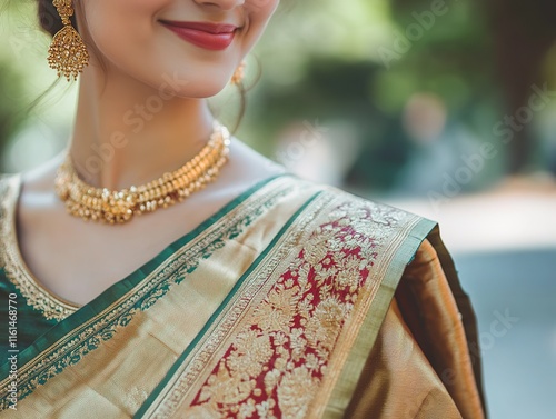 Elegant woman adorned in traditional attire, showcasing intricat photo