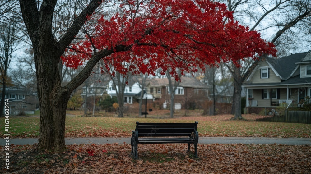 Autumnal park scene with a bench under a vibrant red maple tree. Autumnal park scene with a bench under a vibrant red maple tree.