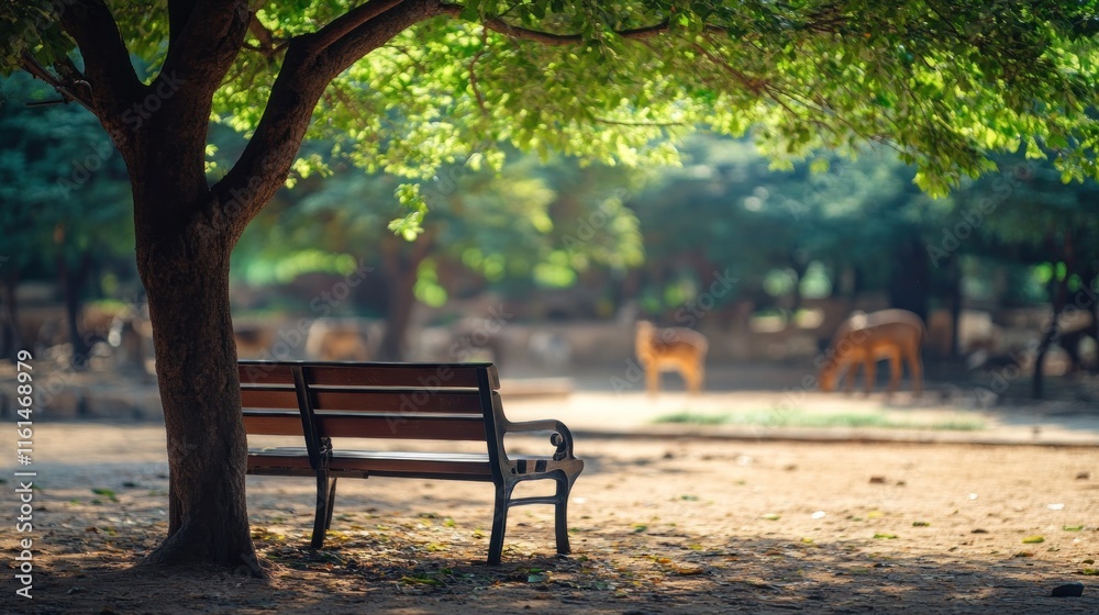Empty park bench under tree shade with deer in background. Empty park bench under tree shade with deer in background.