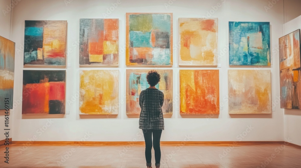 Fototapeta premium Woman admiring abstract paintings in art gallery.