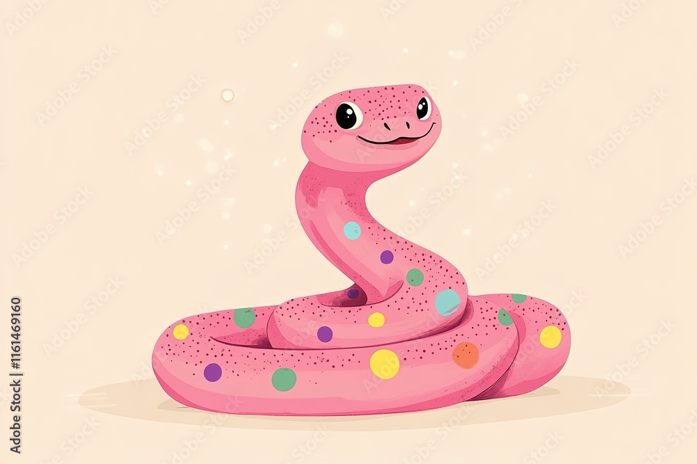 Fototapeta premium Charming pink snake with colorful spots, playful expression, whi