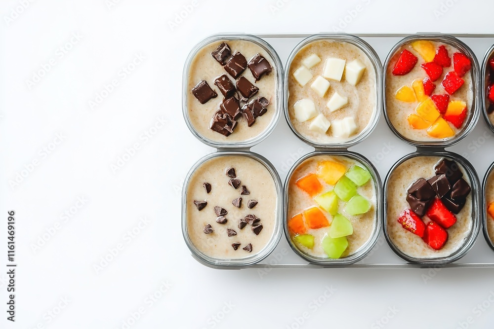 Colorful dessert cups showcase mix of fruits and chocolate, invi Colorful dessert cups showcase mix of fruits and chocolate, invi