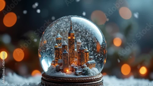 Miniature Cityscape Encased in a Magical Snow Globe with Falling Snowflakes