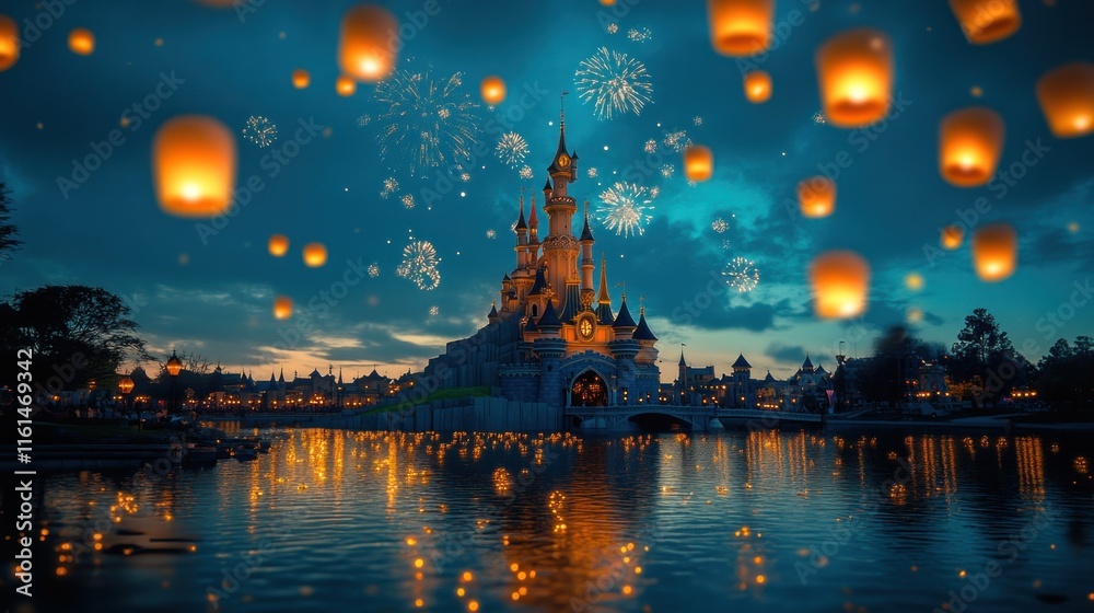 Enchanting castle reflected in water with fireworks and sky lanterns at dusk. Enchanting castle reflected in water with fireworks and sky lanterns at dusk.