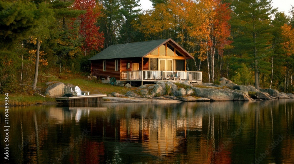 Lakeside cabin autumn foliage reflection. Lakeside cabin autumn foliage reflection.