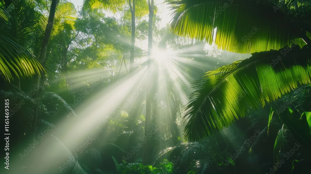 Sunbeams pierce through lush tropical rainforest canopy, illuminating vibrant green foliage. Sunbeams pierce through lush tropical rainforest canopy, illuminating vibrant green foliage.