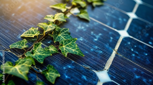 Close-up of a Solar Panel with Ivy Growing Through Cracks

 photo