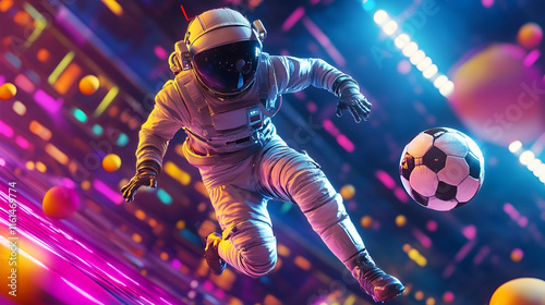 Astronaut kicking a soccer ball in a vibrant futuristic stadium with dynamic lighting