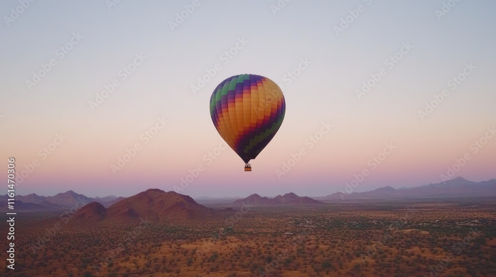 Fototapeta premium Colorful hot air balloon floats over a vast desert landscape at dawn.