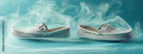 A pair of stylish shoes surrounded by ethereal smoke, showcasing design and elegance.