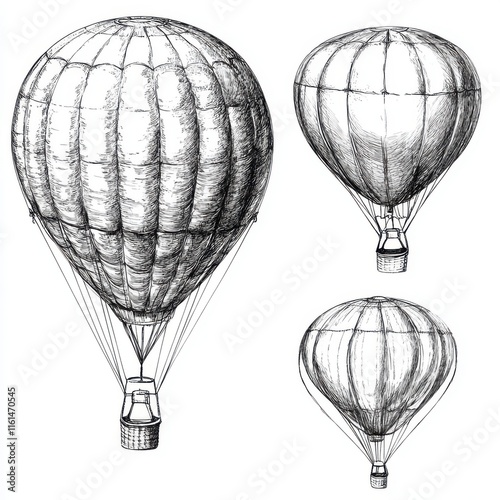 Balloon aeronautics aerostat set sketch engraving raster illustration. 